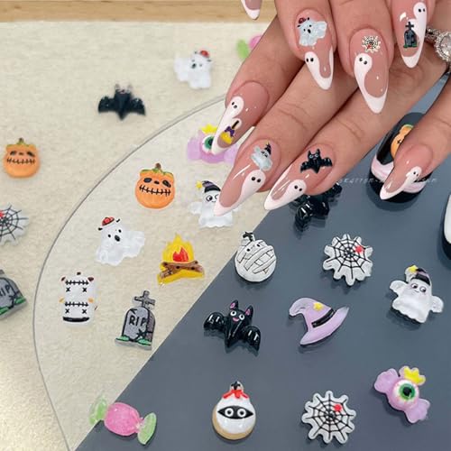 Pink Halloween Nail Charms Set - 100pcs Cute 3D Pumpkin, Ghost & Web Designs