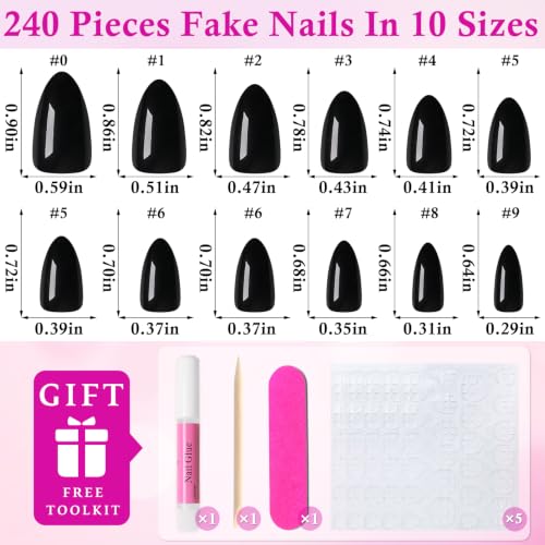 LuckForever Black Short Almond Press On Nails with Glue Tabs - 240 Pieces