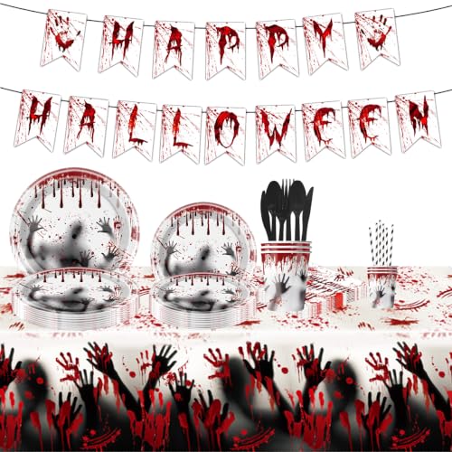 Halloween Bloody Tableware Set with Plates Cups Napkins & Banner - 107 Pieces