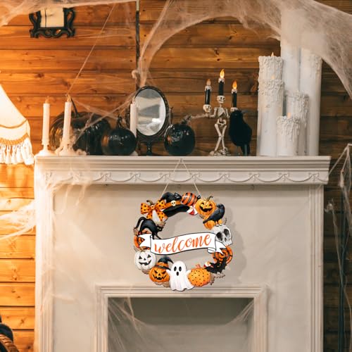 Halloween Wooden Door Sign Welcome Wreath - Spooky Holiday Decor