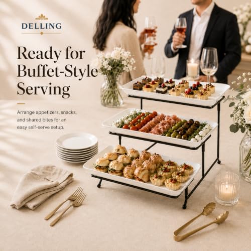 16 Inch 3-Tier Serving Tray Set with Collapsible Stand - Porcelain Platters for Entertaining, White