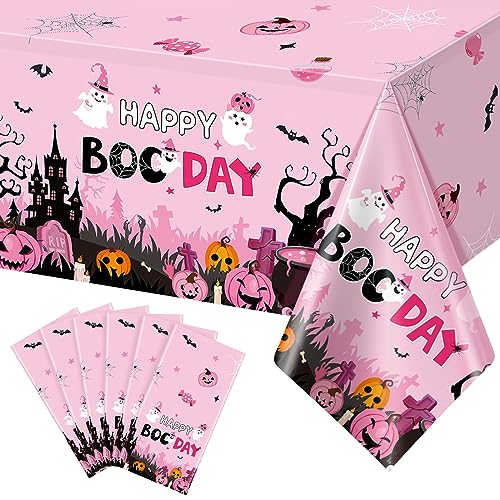108x54 Inch 6 Pack Halloween Happy Boo Day Baby Shower Tablecloths - Pink Black Orange Ghost Pumpkins