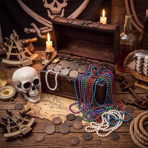 Pirate Treasure Party Decorations Kit with Coins Beads and Skull - Halloween & Birthday