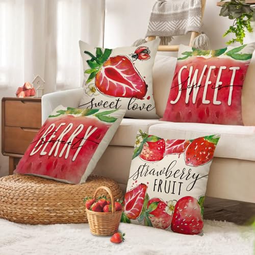 20x20 Inch Strawberry Decorative Throw Pillow Covers Pack of 4 - Spring & Summer Home Decor
