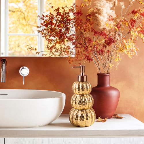 Gold Pumpkin Soap Dispenser - Fall Ceramic Bathroom Decor, Refillable 8.27in