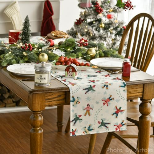 13x72 Inch Snowflake Children Footprints Winter Table Runner Beige - Holiday Kitchen Decor