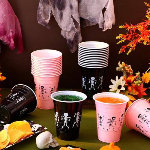 Halloween Skeleton Skull Plastic Cups 16 oz Black Pink Pack of 30 - Skeleton Design