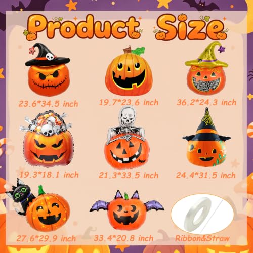 Halloween Pumpkin Balloons Set - 8 Foil Balloons for Spooky Party Decor