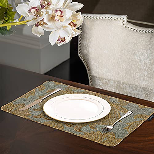 Luxury Chenille Damask Placemats Set of 6 - Blue Gold, Elegant Dining Table Mats with Non-Slip Backing - Loom and Mill