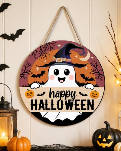 Halloween Wooden Door Sign - Spooky Ghost Pumpkin Bats Decor 12x12 Inches