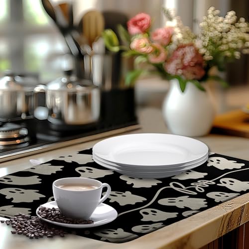 Halloween Ghost Dish Drying Mat Large Black and White Kitchen Absorbent Mat - 18x24 in