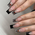 Halloween Press On Nails Long Square Black French Tip with Spider Web Design & Rhinestones - Variation W6, 24Pcs