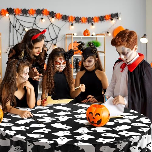 Halloween Ghost Tablecloths 84 Inch Round White Black Ghost Pattern - Pack of 6