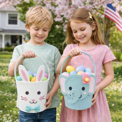 Kids Easter Basket with Blue Elephant - Large Animal Gift Basket for Egg Hunt & Nursery Storage