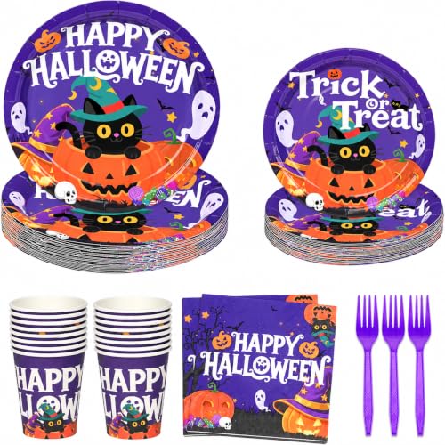 Halloween Party Supplies Set - Purple Pumpkin, 125 Pieces for 25 Guests - Includes Plates, Napkins, Cups & Cutlery
