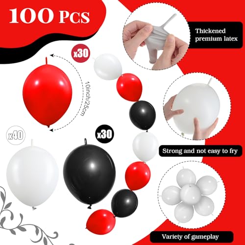 Link Balloons Set 10 Inch Latex Party Balloons in Red Black White - 100 Pack with Link Tail