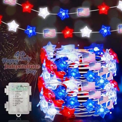 Patriotic Star & Flag String Lights - 16FT Battery Operated 50 LEDs, 8 Modes, Red White Blue Star Flag Variation