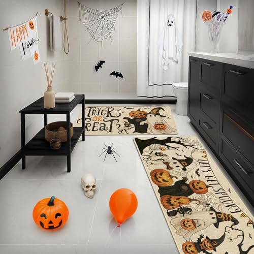 Halloween Pumpkin Kitchen Rugs Set of 2 Non Slip Washable - Fall Decor