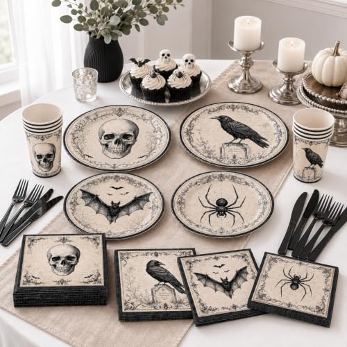 Halloween Party Supplies Set with Gothic Skull Raven Bats & Spiders for 24 Guests