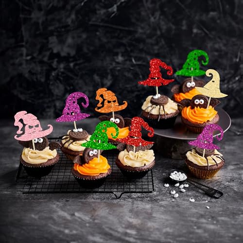 Halloween Witch Hat Cupcake Toppers - Glitter Wizard Hat Picks Style 32, 24PCS