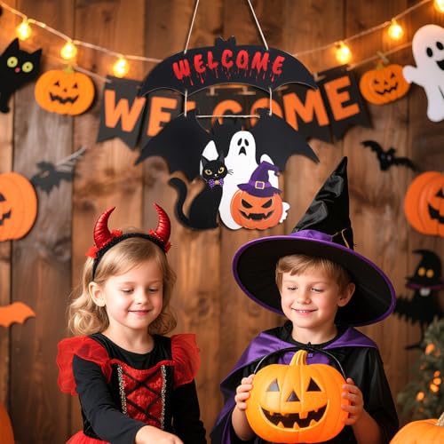 Halloween Ghost Door Wreath - Wooden Fall Autumn Party Decor for Front Door & Wall