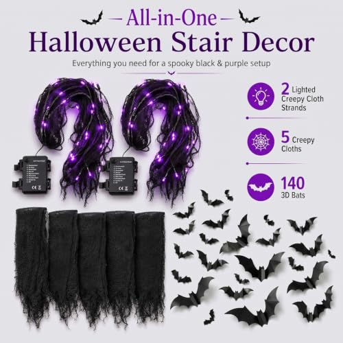 Gilprop Halloween Wall & Stair Decoration Set - Purple, Bat Stickers, Fairy Lights & Creepy Cloth