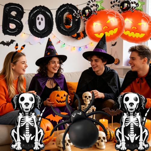 Halloween Foil Balloons Set - Skeleton Dog, Pumpkin & Spider Decorations for Party
