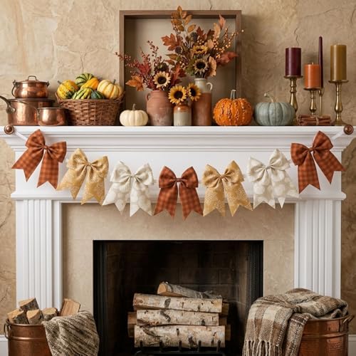 Fall Bow Garland for Mantel Fireplace Decor | Harvest & Thanksgiving Banner
