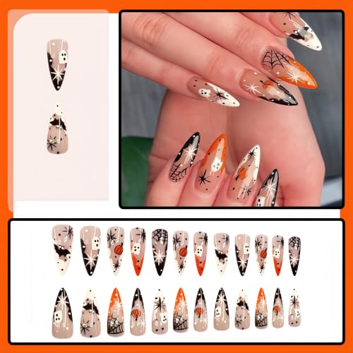 Halloween Press On Nails - Orange Pumpkin Design with Ghost, Bat & Full Cover Glue On Nails - 24Pcs