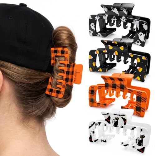 Halloween Hat-Friendly Hair Claw Clips - Ghost, Cat, Witch & Candy Corn Styles - 4 Pack - Halloween