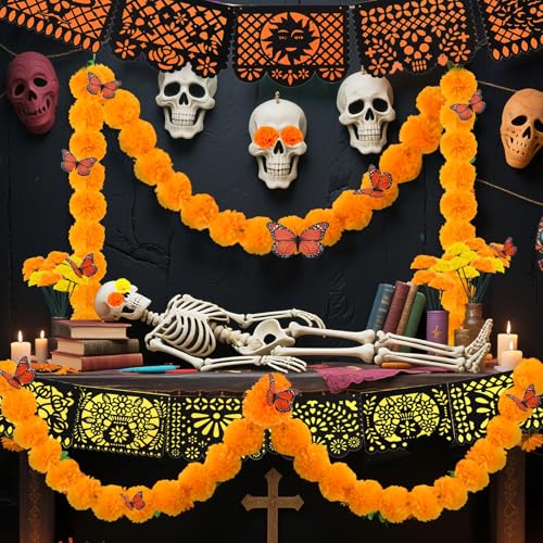 Day of the Dead Decorations Set with Marigold Garlands and Butterflies - 182 Pieces