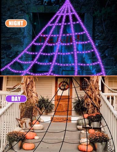 Purple Outdoor Spider Web Lights - 16.4Ft Waterproof 550 LEDs, 8 Modes Halloween Decoration