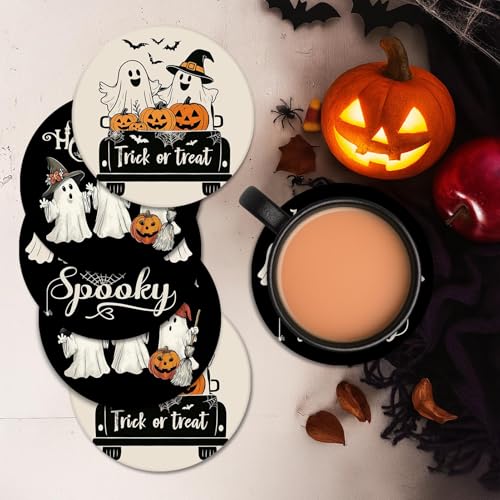 Halloween Ghost Pumpkin Ceramic Drink Coasters Set of 6 with Cork Bottom & Metal Holder - Fall Decor