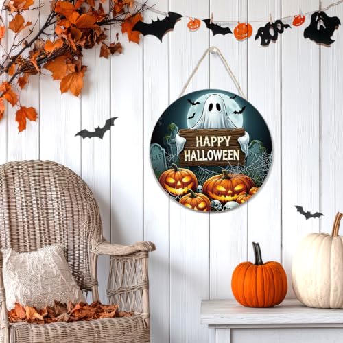 Halloween Ghost Pumpkin Wooden Door Sign - Multicolor 03, Festive Wall Art