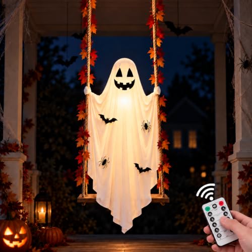 White 5 FT Hanging Ghost Swing Halloween Decoration with Lights & DIY Face Stickers
