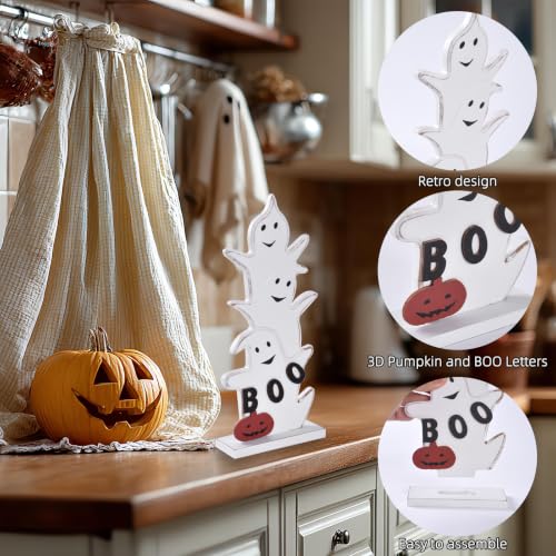 Halloween Ghost Decor BOO Sign Wooden Tabletop Decoration - White