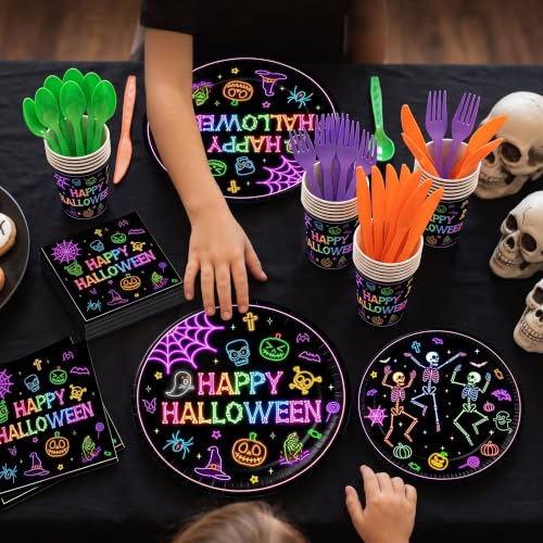 Neon Halloween Party Supplies Set - 168 Pieces for 24 Guests