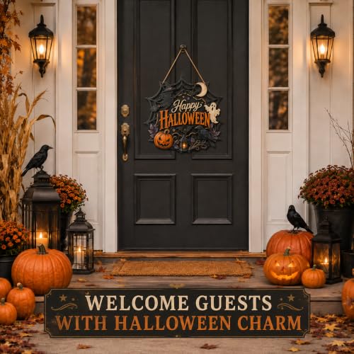 Halloween Wooden Door Sign - Haunted Ghost Witch Pumpkin Hanging Decor for Front Door