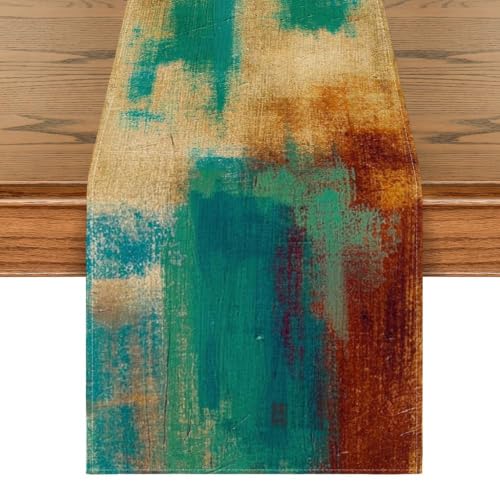 13x72 Inch Abstract Modern Art Table Runner Brown Blue | Farmhouse Kitchen Decor