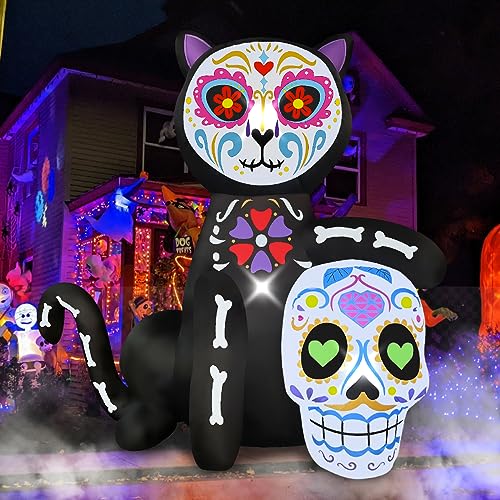 Halloween Inflatable Black Cat Skeleton Yard Decor - Spooky Garden Display