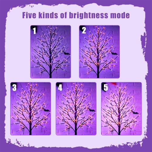 6FT Halloween Black Birch Tree with 288 Purple & Orange LED Lights, Waterproof Indoor Outdoor Decor