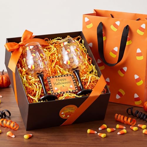 Halloween Candy Corn Stemmed Wine Glasses Set - 2 Pcs, Hand Painted, Festive Drinkware