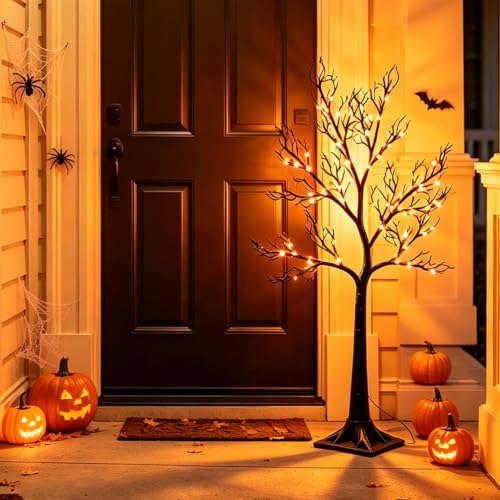 Halloween Tree Lights 150 Orange LED 4FT Black Artificial Decoration Outdoor