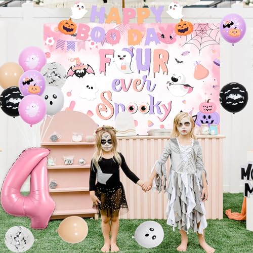 Halloween 4th Birthday Decorations Kit for Girls Pink and Purple Ghost Balloons Banner Cake Topper