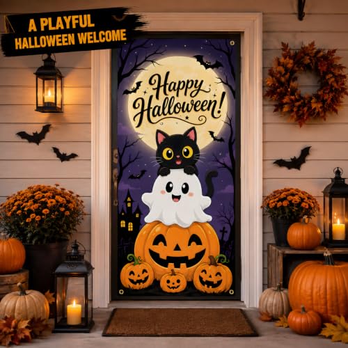 Halloween Door Banner - Black Cat Ghost Pumpkin Porch Decor, 72x35 Inch