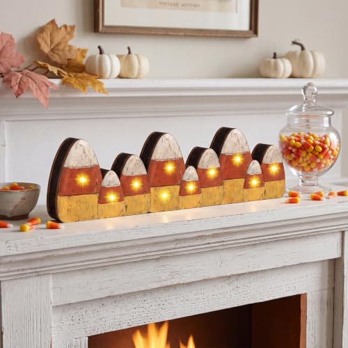 Lighted Candy Corn Table Centerpiece Halloween Fall Decor - Wooden Pumpkin