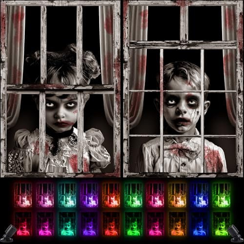 Halloween Ghost Window Decorations with Spotlights - Set of 2, LED Lights Included