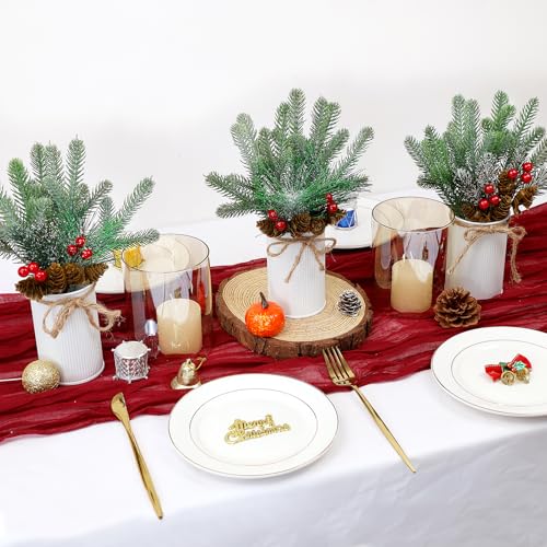 Christmas Table Centerpiece Set of 3 - Artificial Pine Berries & Cones, Farmhouse Winter Decor - Green