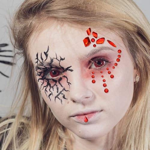 Self-Adhesive Face Gems Set for Halloween & Festivals - 5 Sheets Red & White Rhinestones for Body & Face Makeup