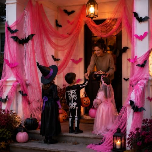 Pink Halloween Gauze Backdrop with 3D Bat Decorations - 118 x 138 inches, 32 Pcs